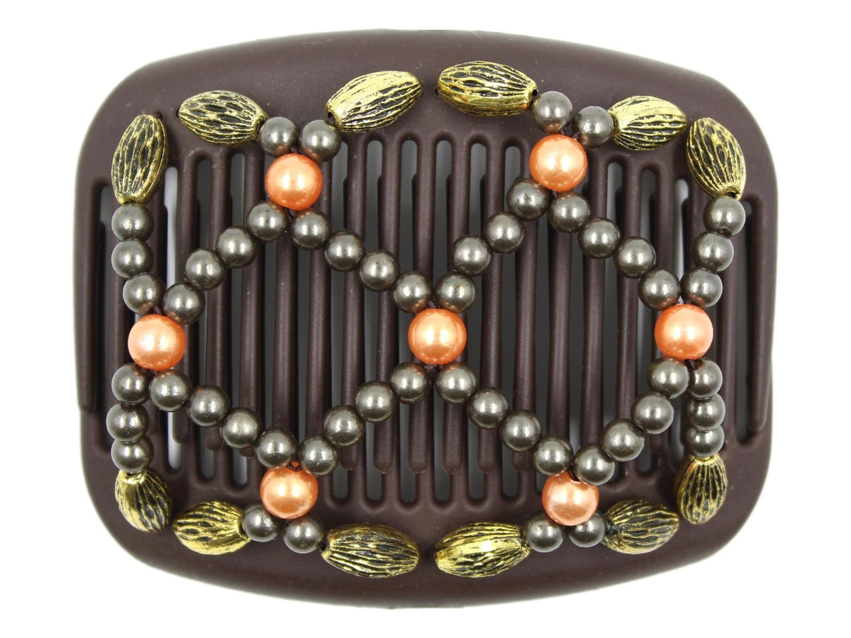 African Butterfly Hair Comb - Ndalena Brown 196 - melon pearly beads, gray beads, gold beads with black etchings, white background