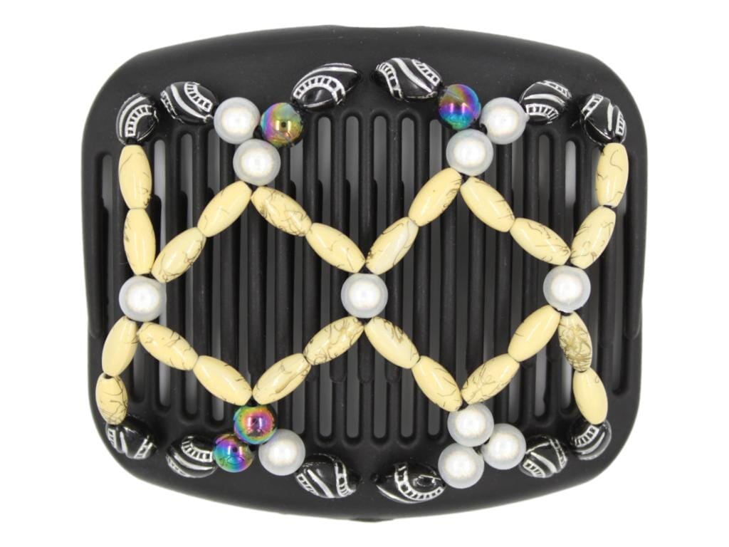 African Butterfly Hair Comb - Ndalena Black 134 - buttercream, white pearl, rainbow, and black silver-etched beads, white background