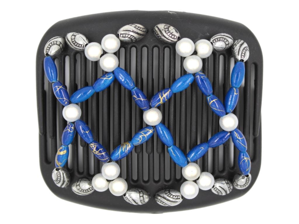 African Butterfly Ndalena Black Hair Comb 135 - white magic beads, sapphire blue gold swirl, silver black-etched beads, white background