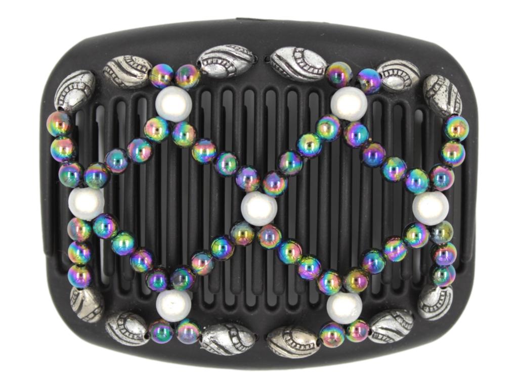 African Butterfly Hair Comb - Ndalena Black 138 - rainbow, white glow beads, silver with black beads, shown closed, white background
