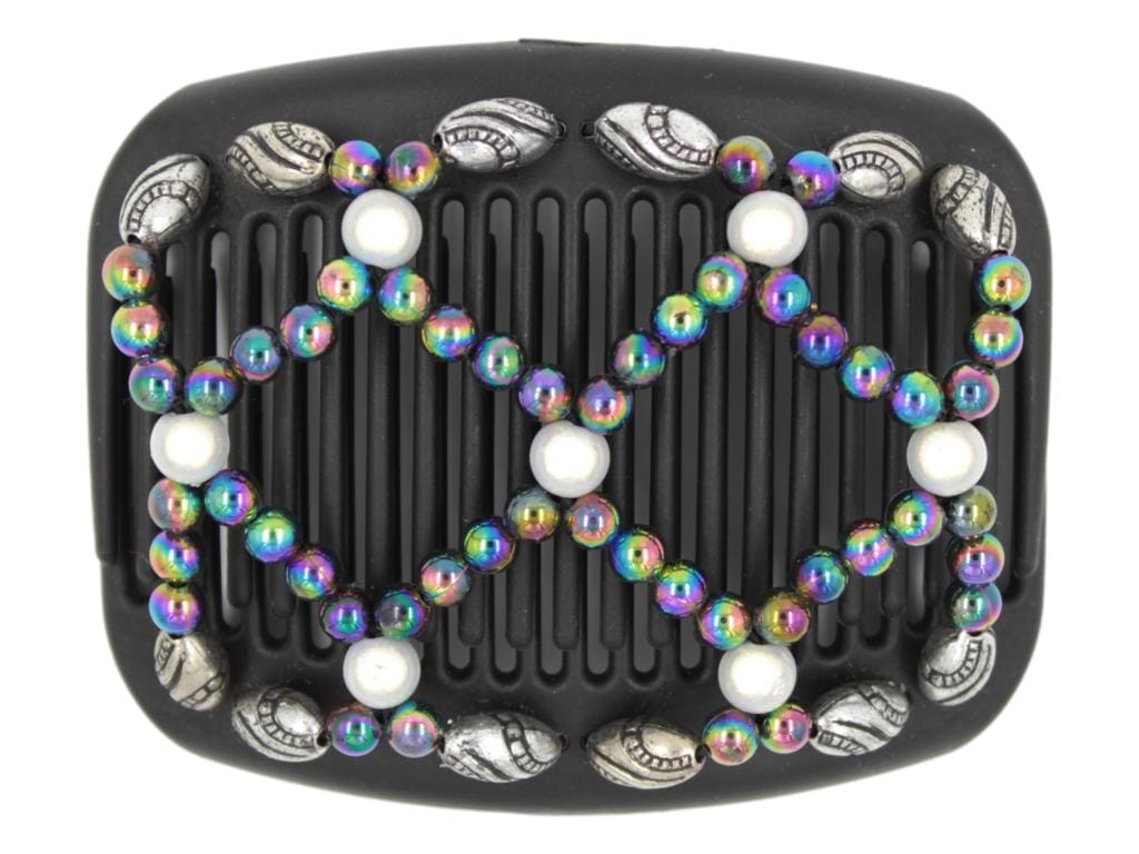 African Butterfly Hair Comb - Ndalena Black 138 - rainbow, white glow beads, silver with black beads, shown closed, white background