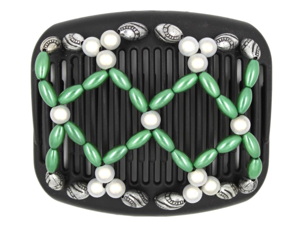 African Butterfly Hair Comb - Ndalena Black 139 - moss green pearly, white magic glow beads, and silver black-etched beads, white background