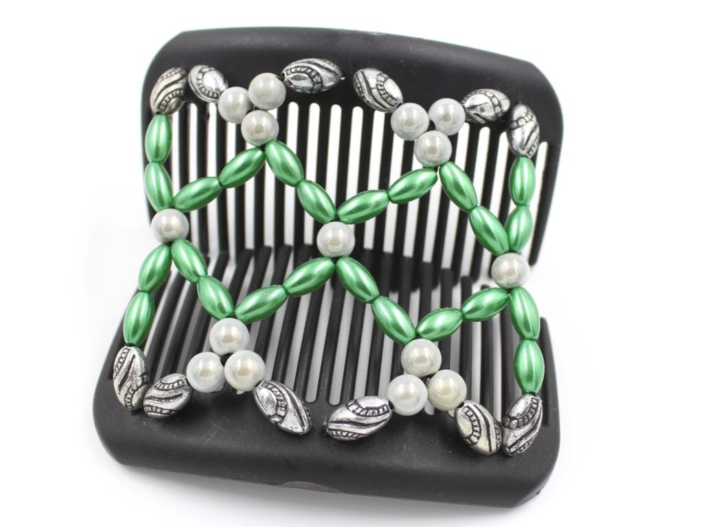 African Butterfly Hair Comb - Ndalena Black 139 - moss green pearly, white magic glow, and silver black-etched beads, shown open, white background