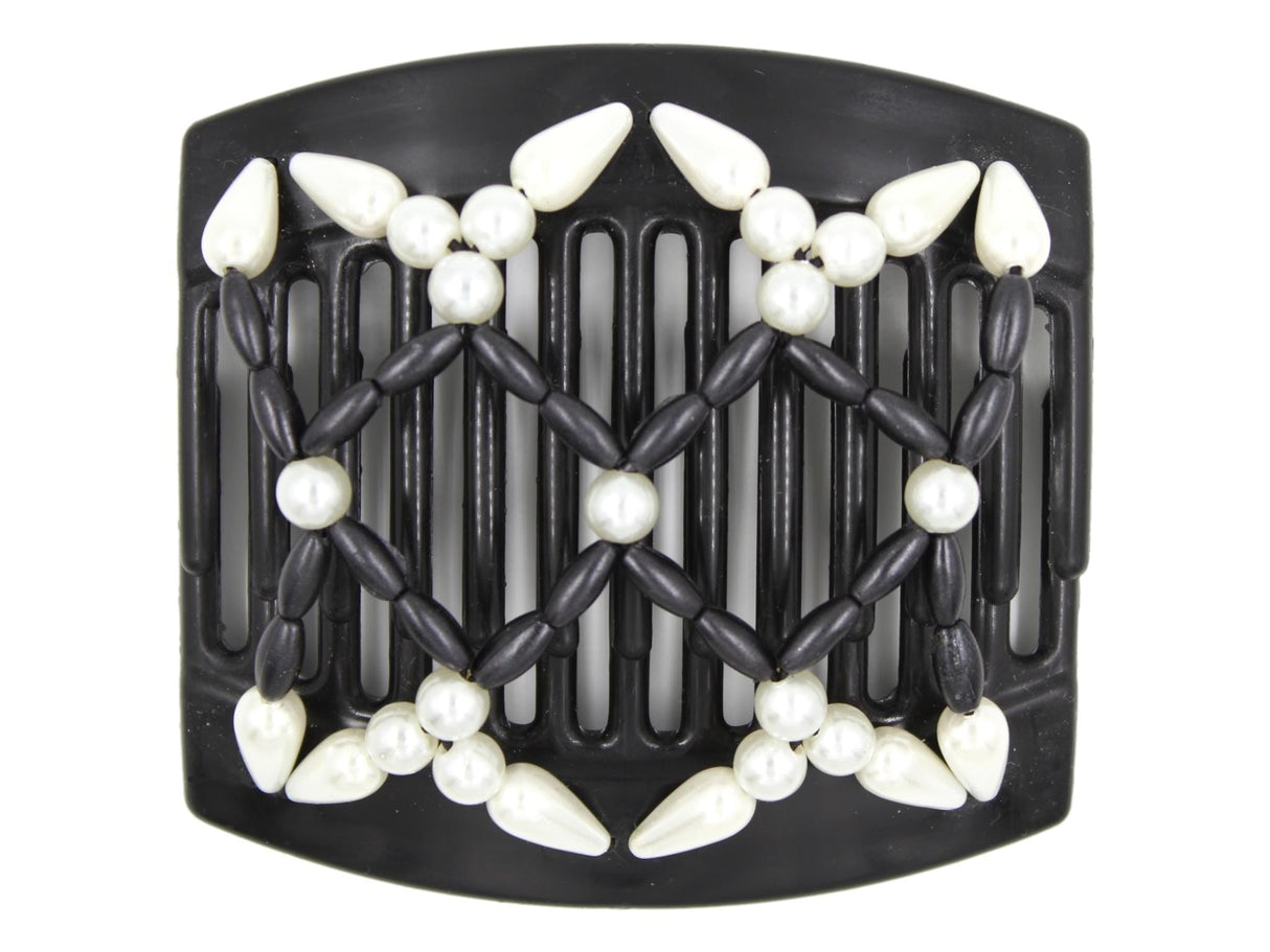 African Butterfly Hair Comb - Ndalena Black 141 - white pearl beads, black solid matte beads, teardrop white pearl edge beads, white background