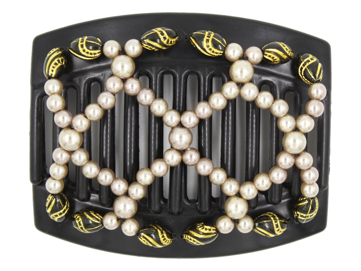 African Butterfly Hair Comb - Ndalena Black 143 - champagne pearl beads, black beads with gold etching, white background