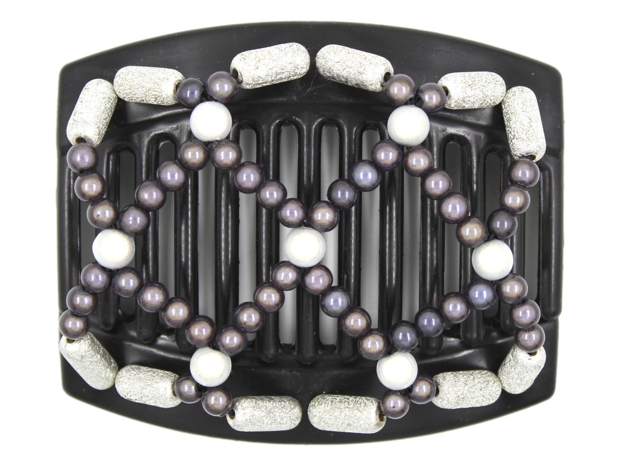 African Butterfly Hair Comb - Ndalena Black 144 - charcoal gray magic beads, white magic beads, silver shimmer edge beads, white background