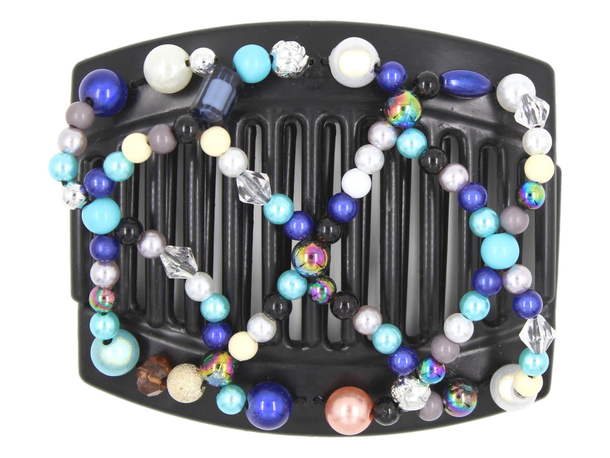 African Butterfly Hair Comb - Ndalena Black 145 - powder blue, dark blue, royal blue, sapphire, peach, white, gold, gray, and silver beads, white background