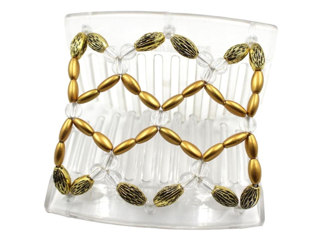African Butterfly Ndalena Clear Hair Comb 123 - clear accent, gold pearl, gold with black edge beads, shown open, white background