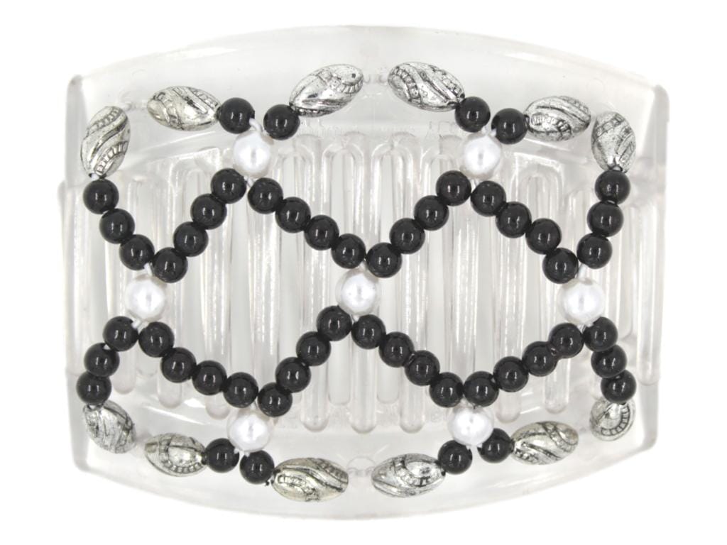 African Butterfly Ndalena Clear Hair Comb 124 - black, white pearl, silver black edge beads, white background
