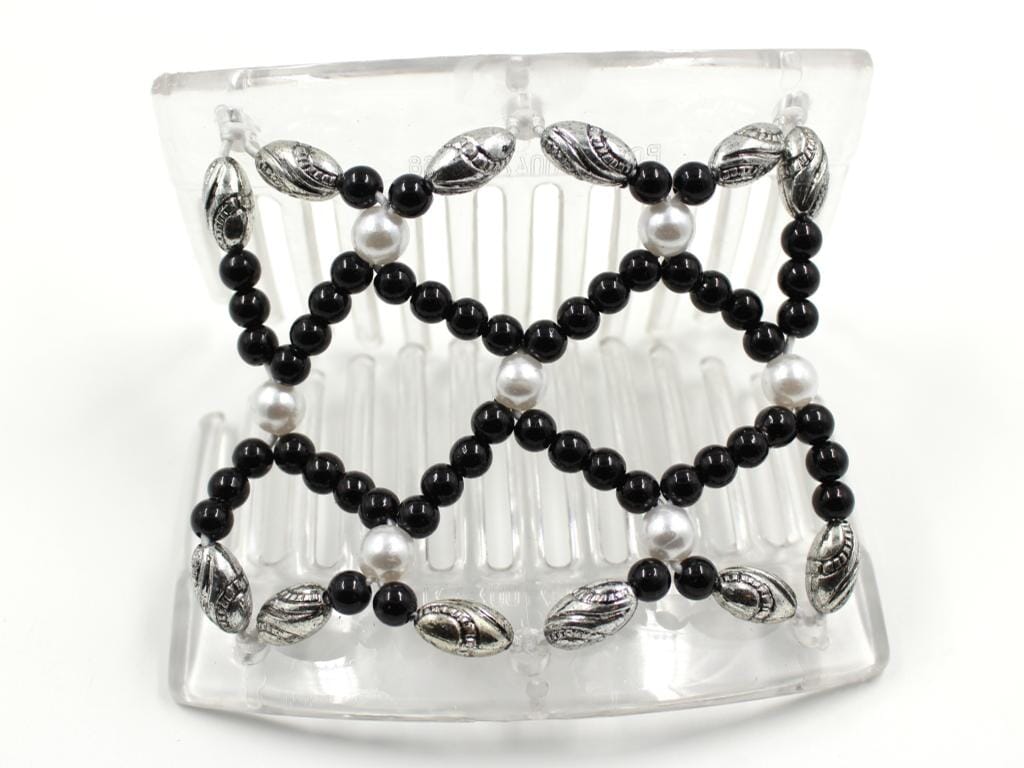 African Butterfly Ndalena Clear Hair Comb 124 - black, white pearl, silver black edge beads, shown open, white background