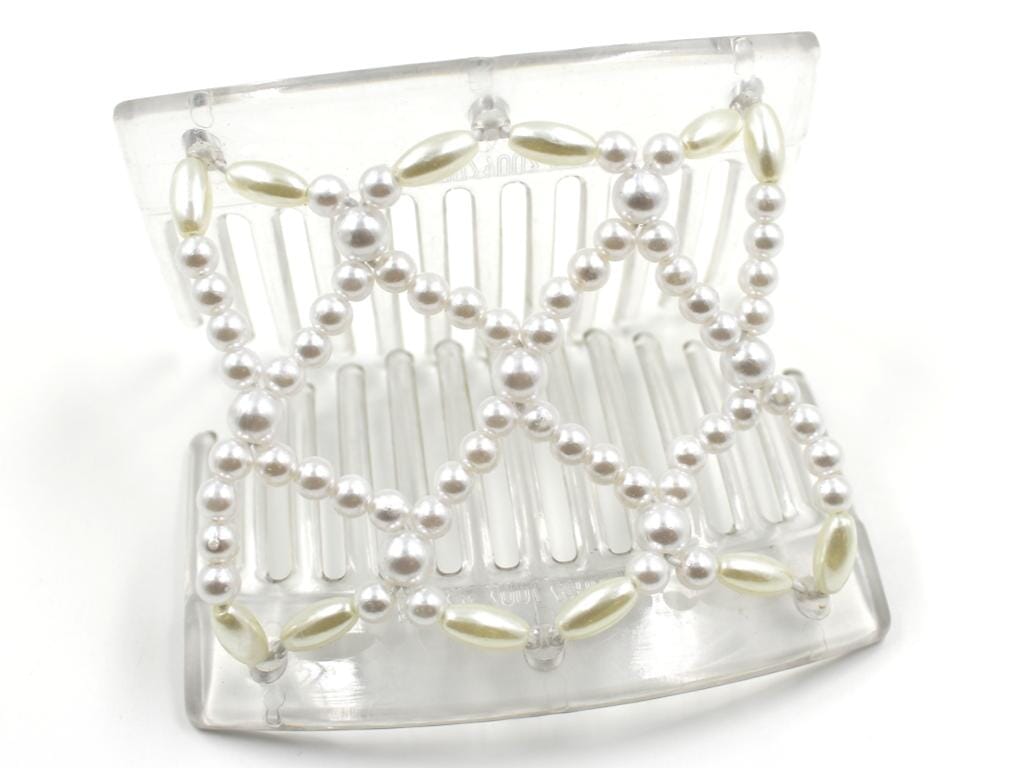 African Butterfly Ndalena Clear Hair Comb 125 - all white pearl beads, shown open, white background