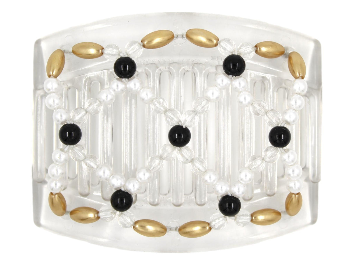 African Butterfly Hair Comb - Ndalena Clear 130 - black accent beads, clear beads, white pearl beads, and gold pearly edge beads, white background