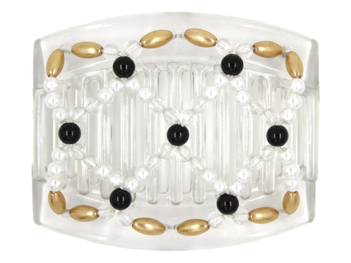 African Butterfly Hair Comb - Ndalena Clear 130 - black accent beads, clear beads, white pearl beads, and gold pearly edge beads, white background