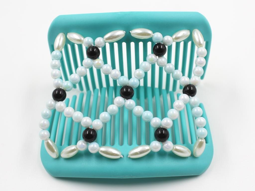 African Butterfly Ndalena Turquoise Hair Comb 21 - baby blue white ombre, black, white pearl beads, shown open, white background