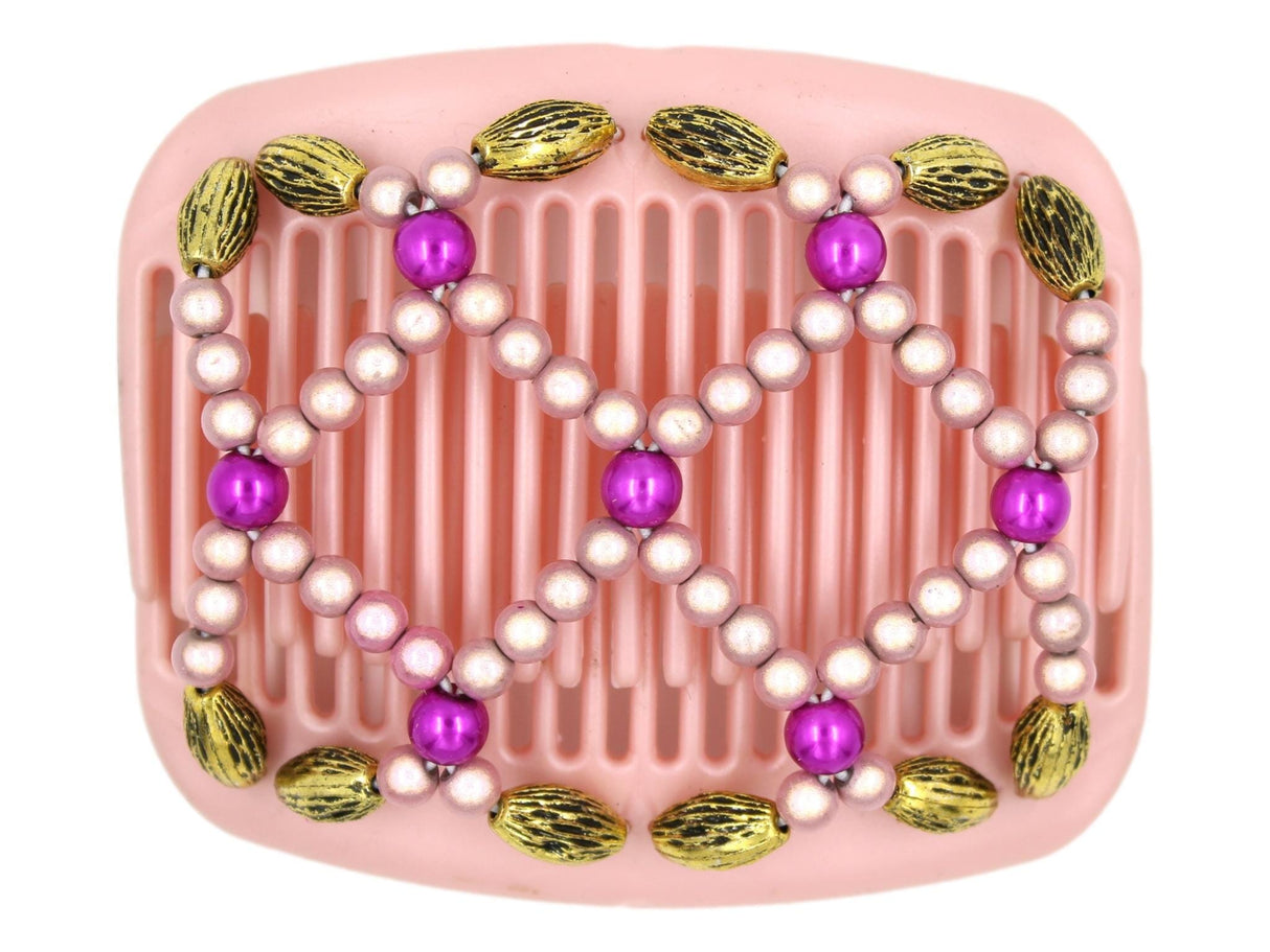 African Butterfly Hair Comb - Ndalena Pink Pearl 09 - rose pink magic beads, fuchsia beads, gold beads with black etching, white background