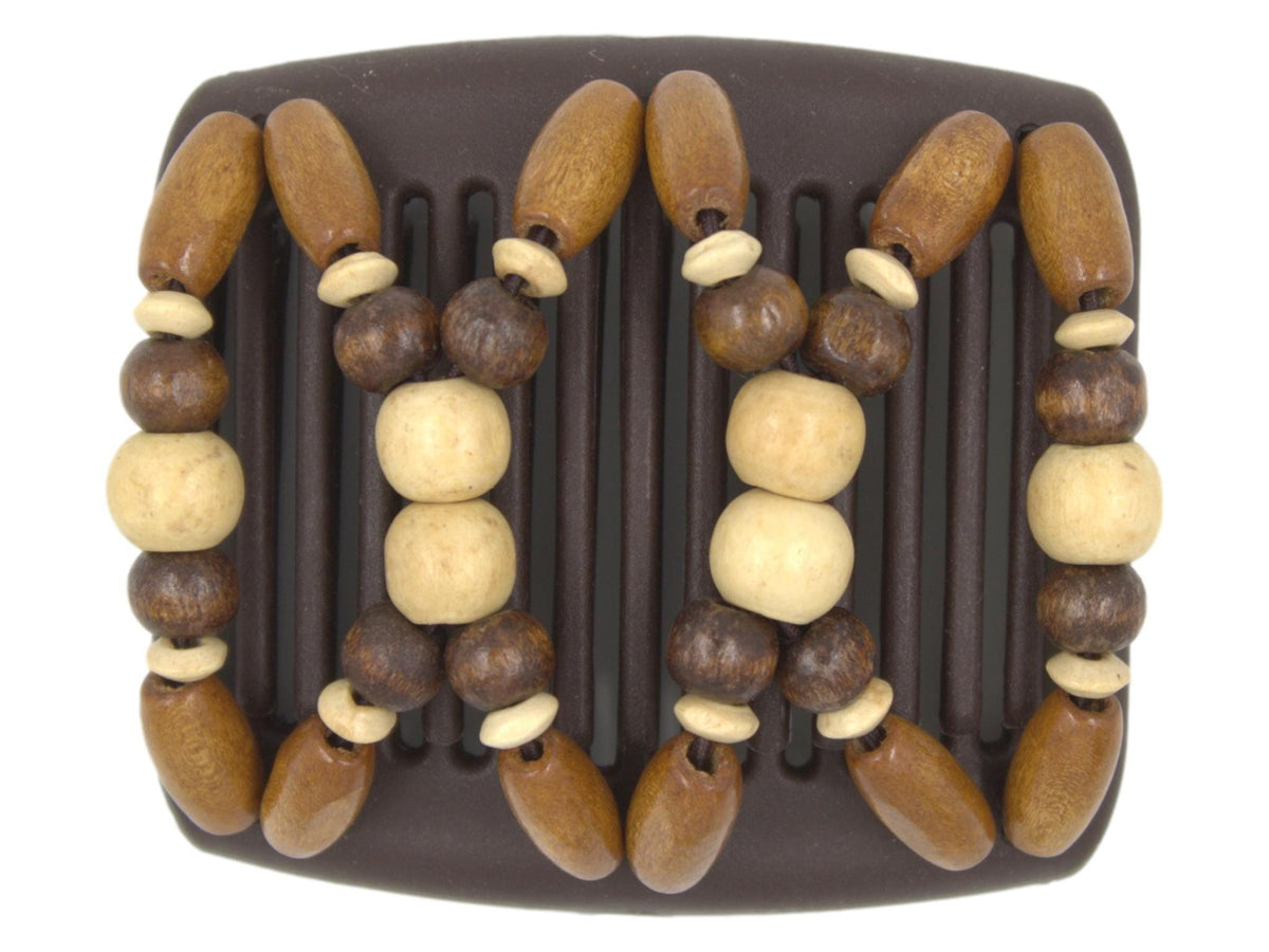 African Butterfly Chameleon Hair Comb - Beada Brown 81 - blonde wood beads, dark brown wood beads, blonde wood accent beads, medium brown sugar wood beads, white background