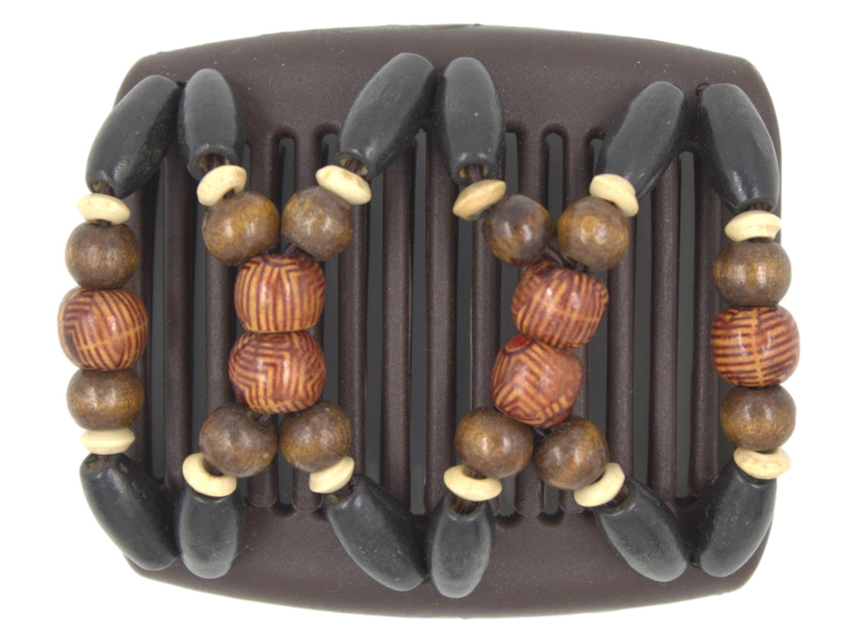 African Butterfly Chameleon Hair Comb - Beada Brown 82 - boho wood beads, dark brown wood beads, cream wood accent beads, black wood beads, white background