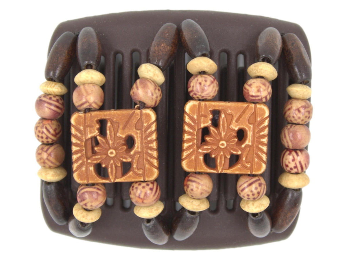 African Butterfly Chameleon Hair Comb - Dupla Brown 71 - burnt sienna square acrylic beads, boho wood beads, tan wood accent beads, dark chocolate brown wood beads along the edges, white background
