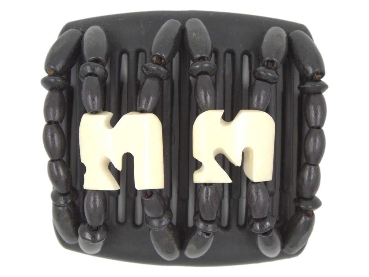 African Butterfly Chameleon Hair Comb - Stones & Bones Black 55 - ivory Batik bone beads in the center, black wood beads throughout the rest of the design, white background