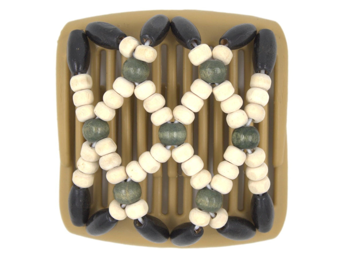 African Butterfly Chameleon Hair Comb - Ndebele Blonde 39 - army green wood center beads, cream beads, elongated black beads along the edges, white background