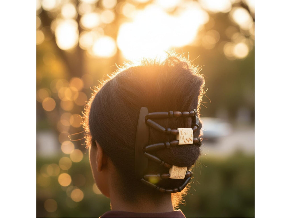 African Butterfly Wire Hair Clip - woman with dark hair wearing Stones & Bones with brown wood beads and batik bone square beads, golden hour outdoor setting, back view, in a french twist hairstyle