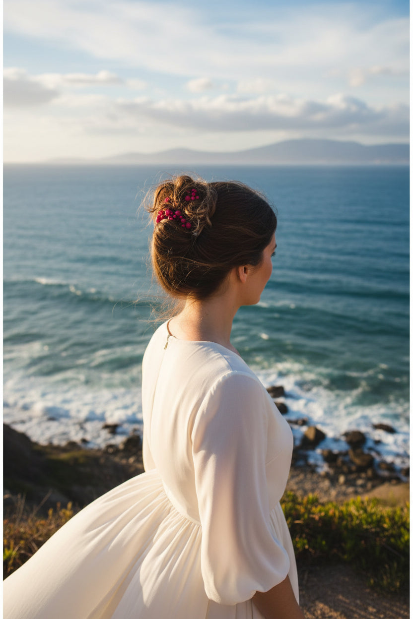 Woman showcasing our African Butterfly 7 Tong Wire Hair Clip in a high french twist