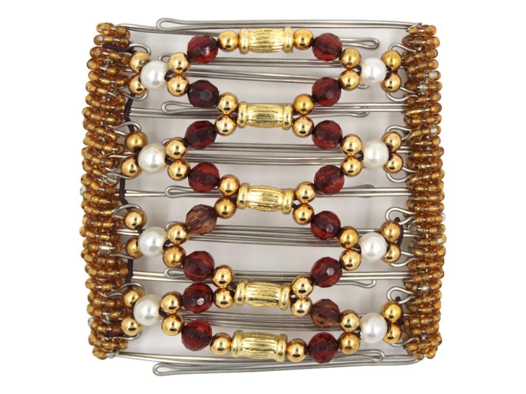 African Butterfly Wire Hair Clip - 9 Tong 938 - hair clip with gold, red, and white pearl beads on a white background