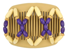 African Butterfly Hair Comb - Beada Blonde 114 - violet, natural, and blonde wood beads, white background