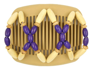 African Butterfly Hair Comb - Beada Blonde 114 - violet, natural, and blonde wood beads, white background