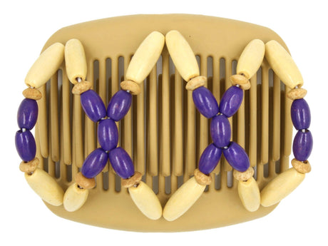 African Butterfly Hair Comb - Beada Blonde 114 - violet, natural, and blonde wood beads, white background