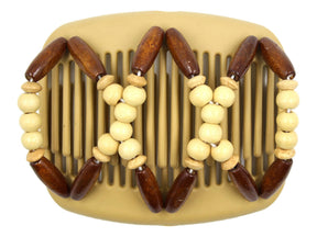 African Butterfly Hair Comb - Beada Blonde 119 - natural cream wood beads, medium dark brown wood beads, white background