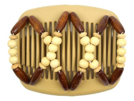 African Butterfly Hair Comb - Beada Blonde 119 - natural cream wood beads, medium dark brown wood beads, white background