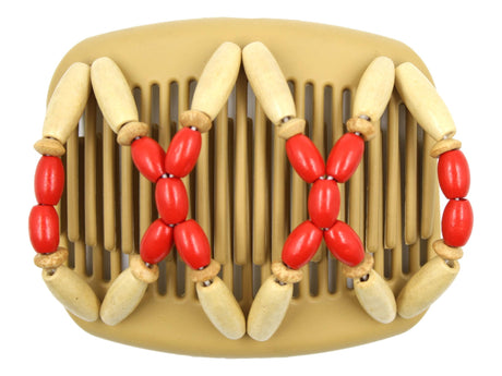 African Butterfly Hair Comb - Beada Blonde 121 - red wood beads, blonde wood beads, white background