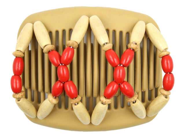 African Butterfly Hair Comb - Beada Blonde 121 - red wood beads, blonde wood beads, white background