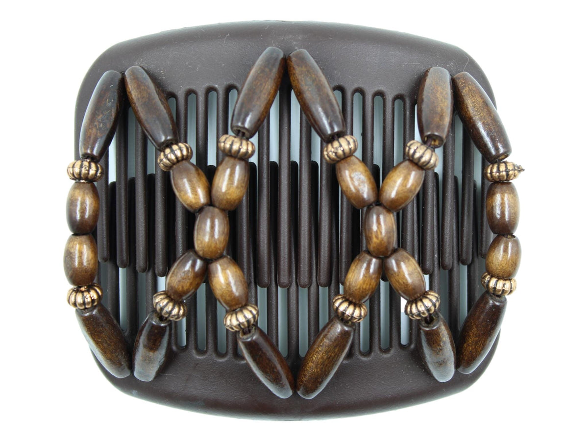 African Butterfly Hair Comb - Beada Brown 254 - dark brown wood beads, copper accent beads, white background