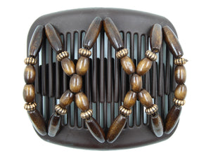 African Butterfly Hair Comb - Beada Brown 254 - dark brown wood beads, copper accent beads, white background