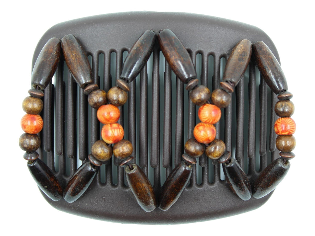 African Butterfly Hair Comb - Beada Brown 255 - dark brown wood beads, orange boho wood beads, white background