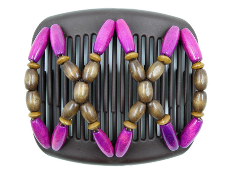 African Butterfly Hair Comb - Beada Brown 256 - dark orchid wood bead, light brown wood beads, dark brown wood beads, white background