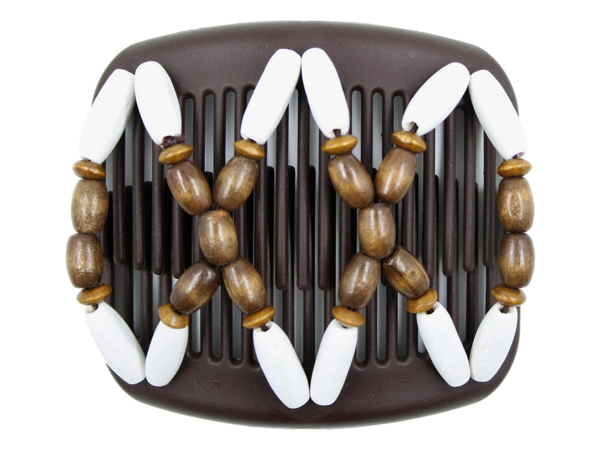 African Butterfly Hair Comb - Beada Brown 258 - large dark brown wood beads, bright white painted wood beads, white background