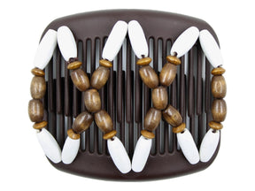 African Butterfly Hair Comb - Beada Brown 258 - large dark brown wood beads, bright white painted wood beads, white background