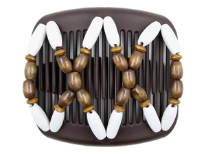 African Butterfly Hair Comb - Beada Brown 258 - large dark brown wood beads, bright white painted wood beads, white background