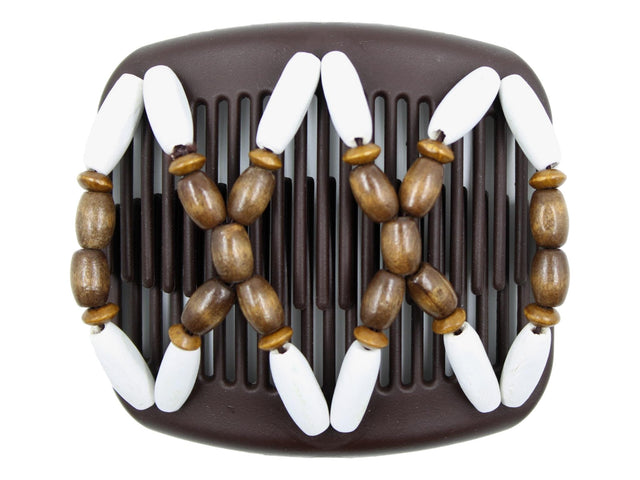 African Butterfly Hair Comb - Beada Brown 258 - large dark brown wood beads, bright white painted wood beads, white background
