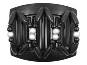 African Butterfly Thick Hair Comb - Beada Black 183 - painted silver wood beads in center, black wood beads, white background