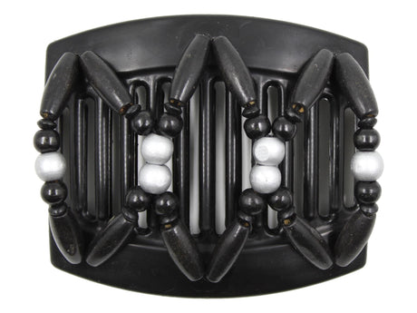 African Butterfly Thick Hair Comb - Beada Black 183 - painted silver wood beads in center, black wood beads, white background
