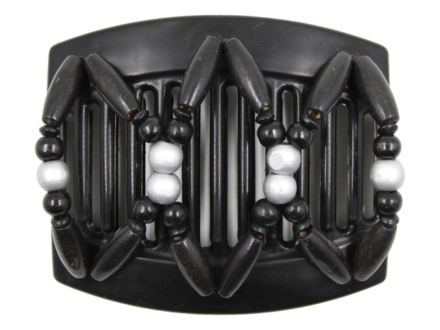 African Butterfly Thick Hair Comb - Beada Black 183 - painted silver wood beads in center, black wood beads, white background
