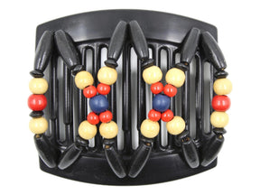 African Butterfly Thick Hair Comb - Beada Black 184 - midnight blue, cherry red, beige, and black wood beads, white background