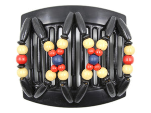 African Butterfly Thick Hair Comb - Beada Black 184 - midnight blue, cherry red, beige, and black wood beads, white background