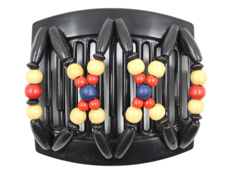 African Butterfly Thick Hair Comb - Beada Black 184 - midnight blue, cherry red, beige, and black wood beads, white background
