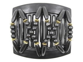 African Butterfly Thick Hair Comb - Beada Black 185 - black wood beads with gold accents, white background