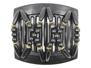 African Butterfly Thick Hair Comb - Beada Black 185 - black wood beads with gold accents, white background
